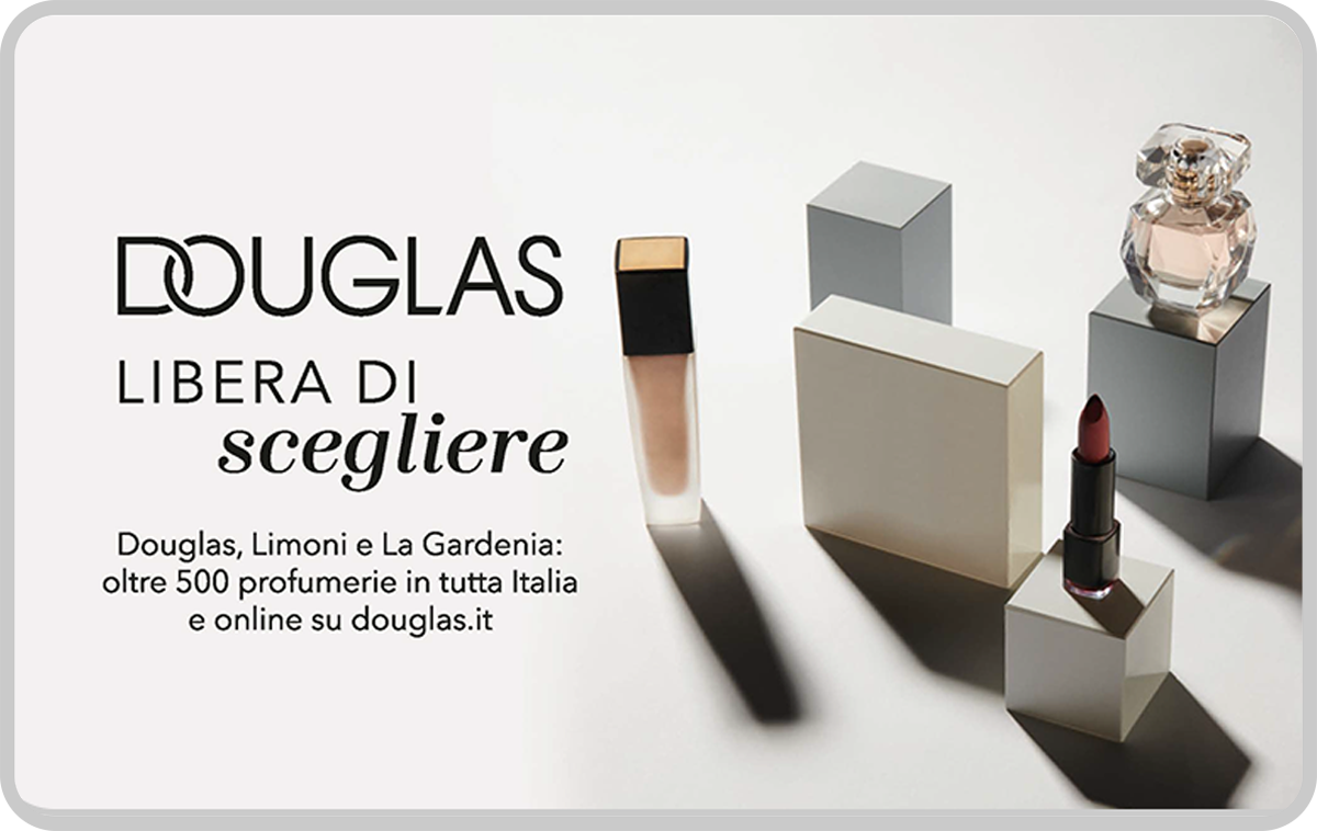 Douglas Italy Gift Card available in Italy with options of €10.0, €25.0, €50.0, €100.0. Perfect for shopping and gifts. Nelle profumerie Douglas potrai trovare i Brand pi...