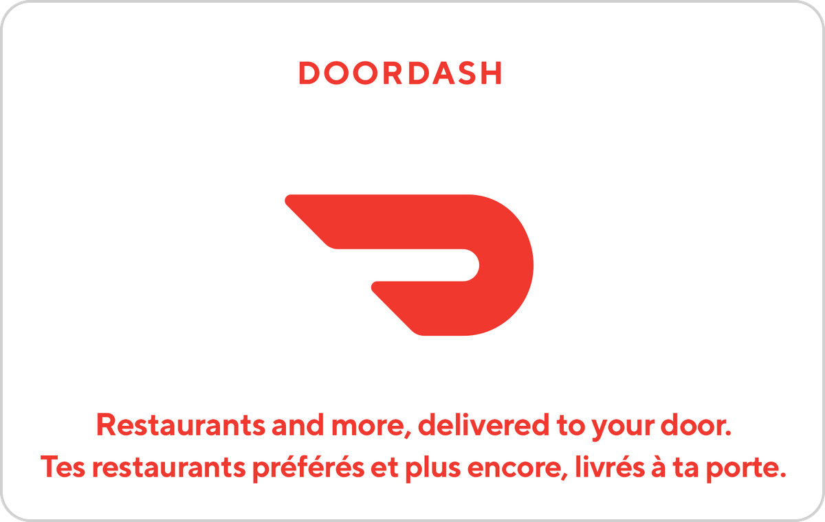 DoorDash Canada Gift Card available in Canada with options of $5 - $200. Perfect for shopping and gifts. Offrez une livraison de nourriture en cadeau grâce...