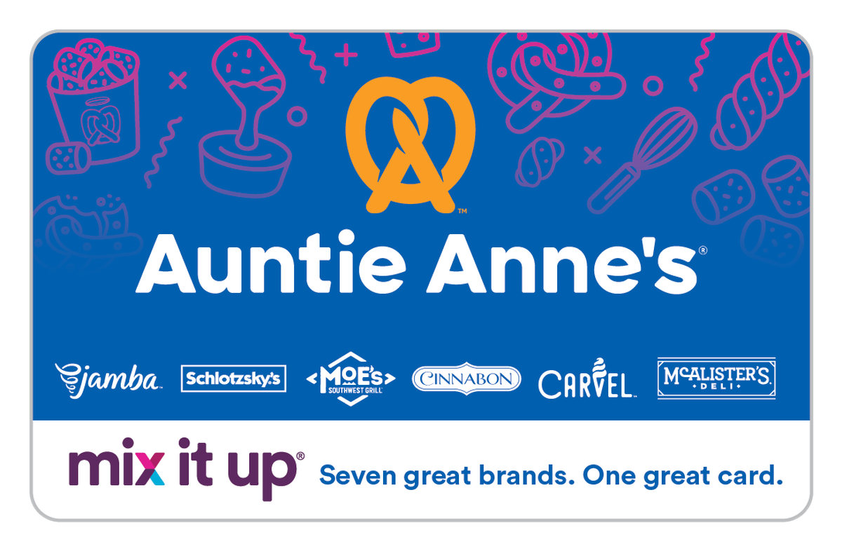 Auntie Anne’s – Mix It Up® Gift Card available in United States with options of $5 - $200. Perfect for shopping and gifts. The world's largest hand-rolled soft pretzel franc...